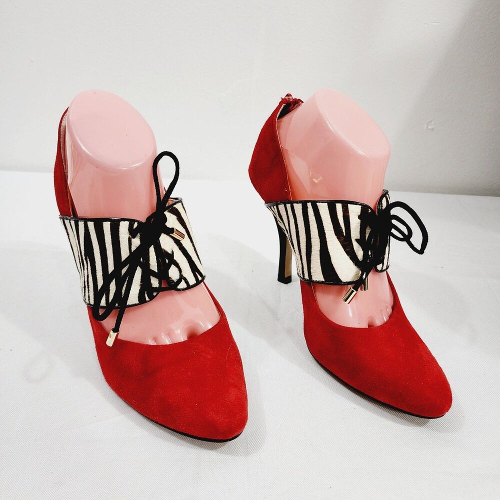 Isola Isabel High Heel Pump Fire Red Suede Zebra Hair Women's Size 8.5